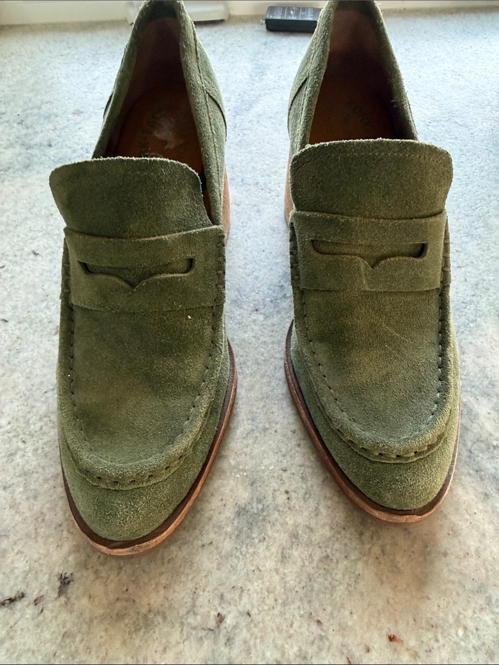 Women’s Kork Ease Olive Green Suede 3” Stacked Heel Loafers 9.5